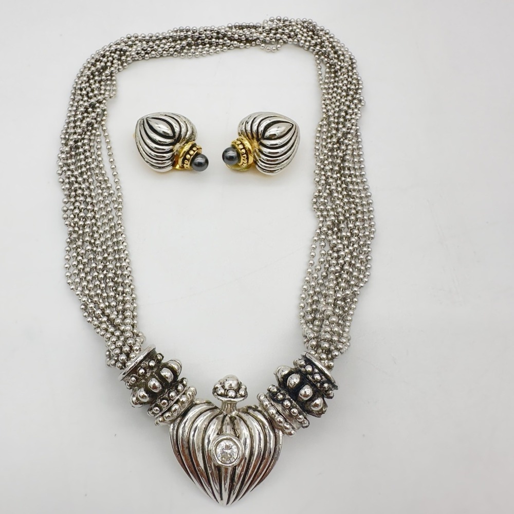 Vtg Ribbed Heart Necklace Earrings Caviar Chain Rope Unsign Designer Rau Klikit